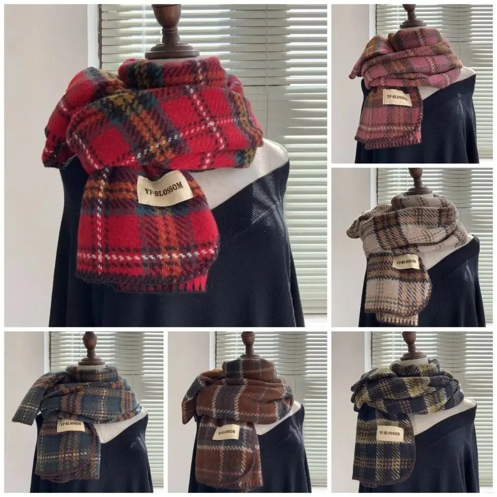 Bufanda a cuadros roja de felpa Simple, bufandas gruesas de lana de Cachemira, chal largo cálido a prueba de viento para mujer