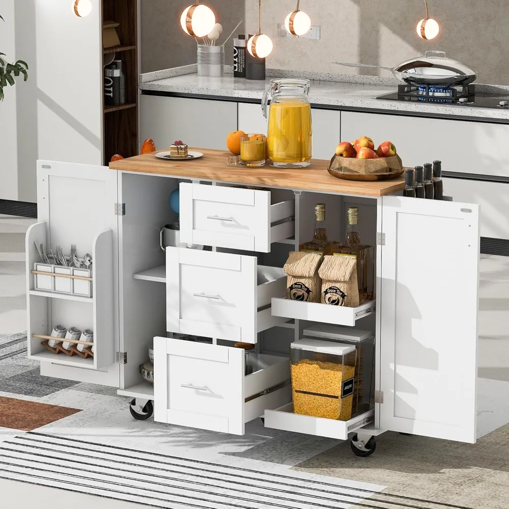 Kitchen Cabinets Kitchen cart with storage device, rubber wood roof, drawers and internal storage rack, spice rack and tower