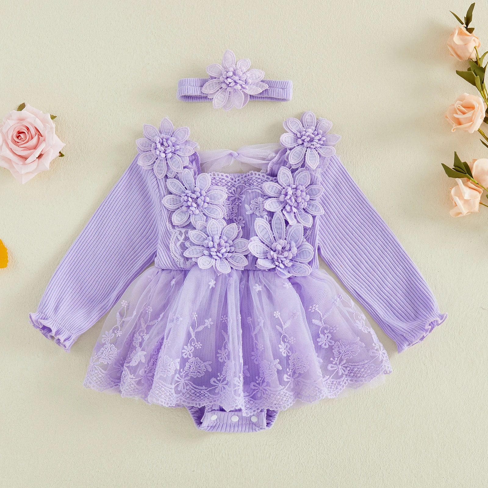 Baby Girl 2 Piece Outfit Adorable Flower Decor Long Sleeve Square Neck Tulle Romper Dress and Headband Set