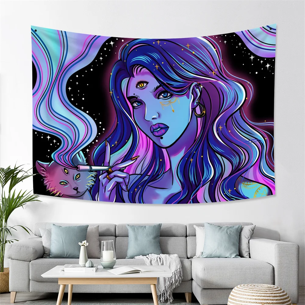 Psychedelic Anime Tapestry Wall Hanging Women Girl Cat Mandala Hippie Tapiz Room Dorm Tapestry Background Decor Yoga Mattress