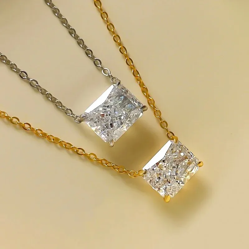 4 Carat Radian Rectangular Imitation White Diamond Necklace Gold-Plated Yellow Fashion Daily Inlaid Clavicle Chain X97