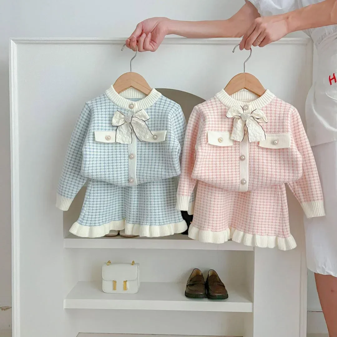 2024 Autumn/Winter New Children's Sweater Set Skirt Girl's Fragrant Knitted Cardigan Short Skirt Set Baby Two Piece Set