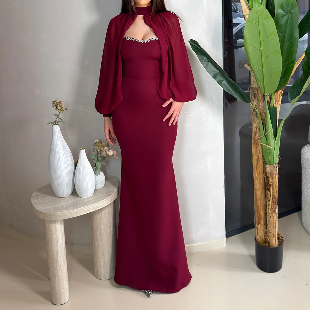 

Women's A-line Evening Dresses Floor-length High-neck Full Sleeve Prom Gown Fashion Crystal Simple Draped Casual Customized Gown