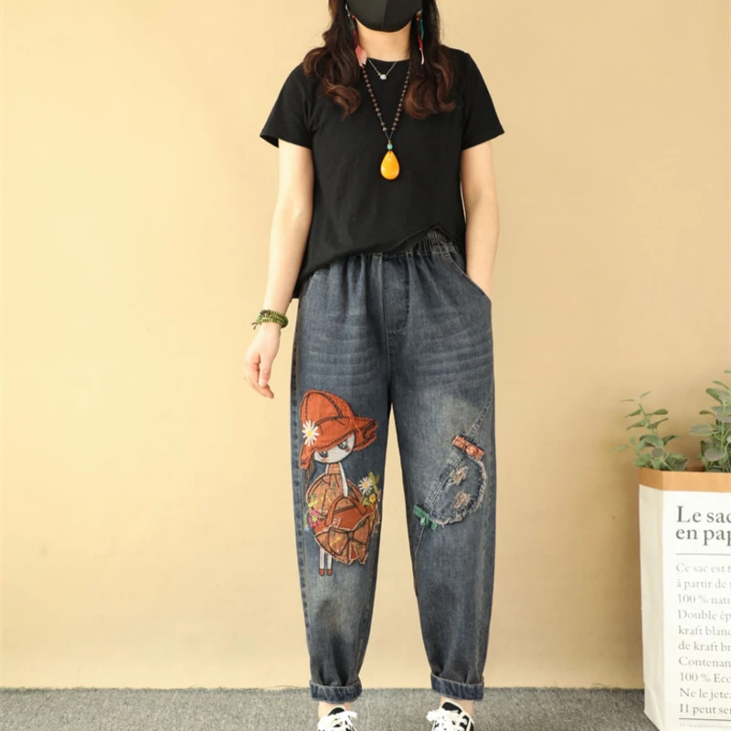 Retro Cartoon Girl Paste Cloth Embroidery Denim Women's Pants Loose Oversize Patch Raw Edge Buckle Cropped Harem Pants Spring