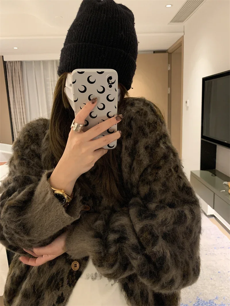 Mohair Leopard Print Knitted Cardigan for Women V-neck Long Sleeve Loose Single-breasted Sweater Coats Casual Autumn Fashion