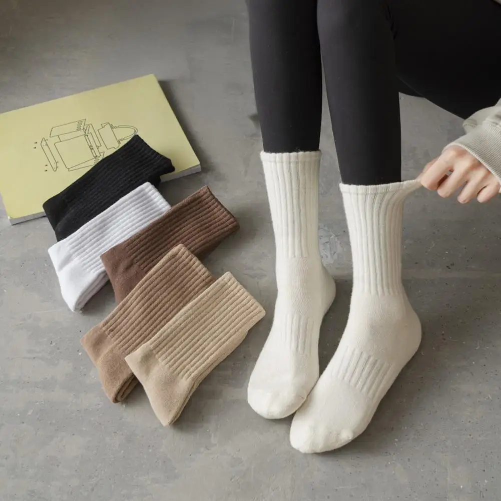Solid Color Crew Socks, Thickened Terry Lining Winter Warm Socks Soft Elastic Cotton Blend Socks for Daily Wear Use Crew Socks