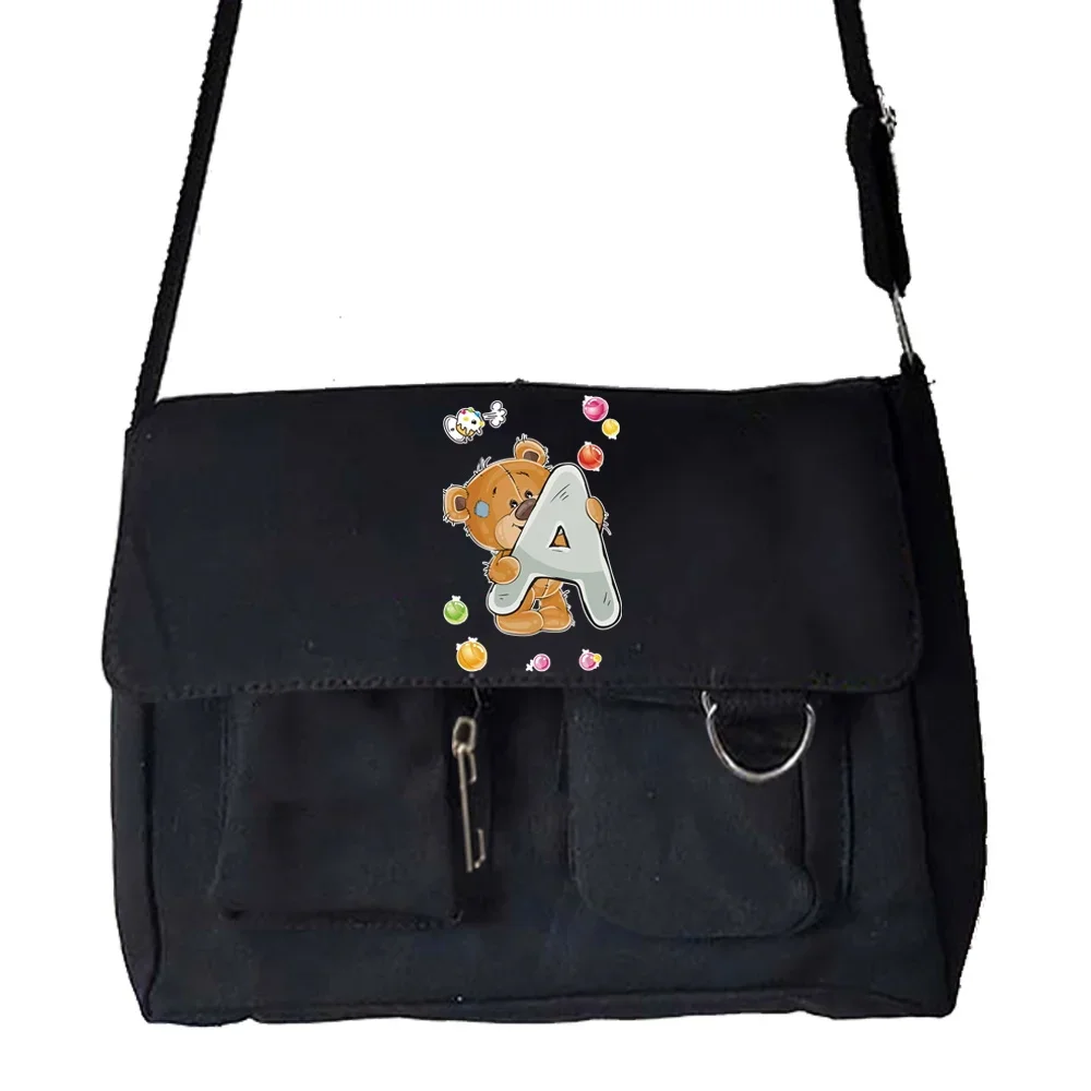 Bolso de mano de lona para mujer, bolsa de hombro, informal, juvenil, serie con patrón de letras de oso, organizador, paquete de cartero