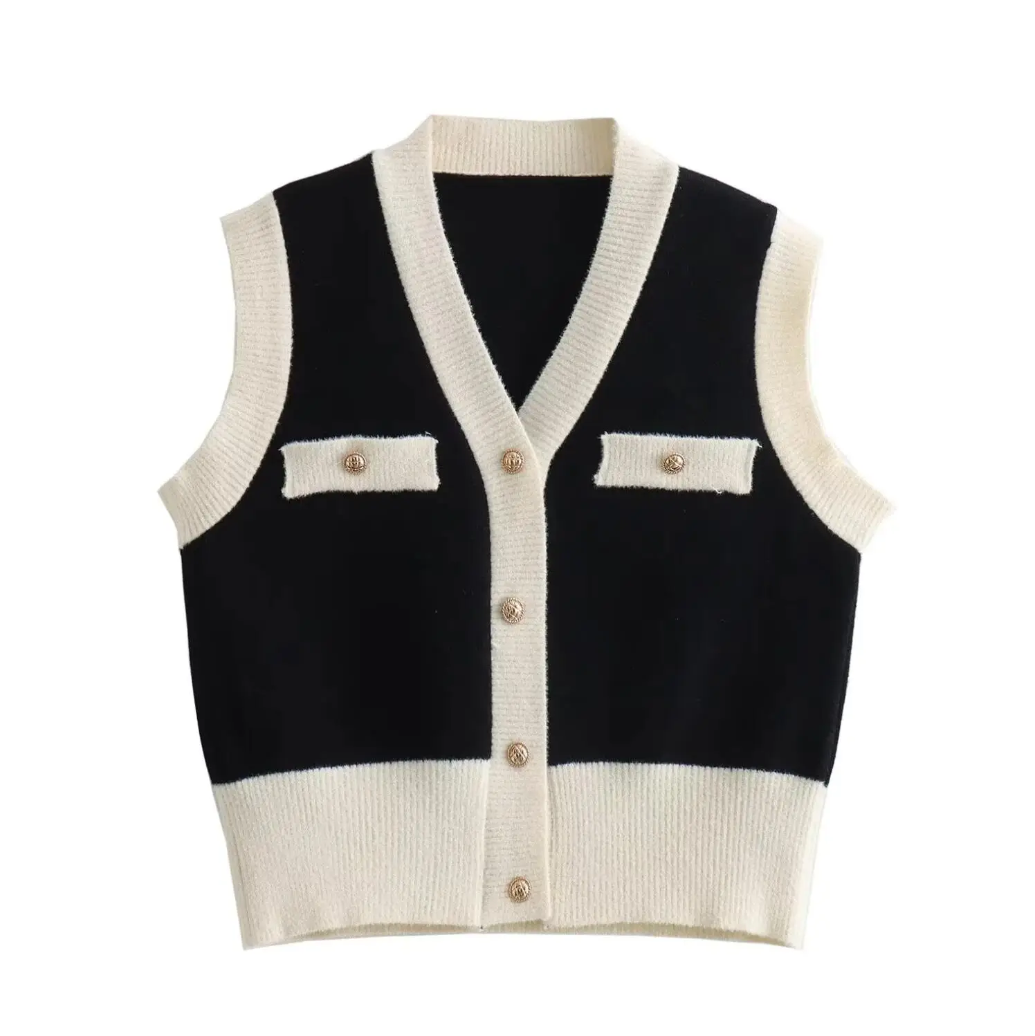 2024 Autumn Women Retro Shaggy Contrast color Knitting Waistcoat Sleeveless Cardigan Korea Single-breasted Button Vest Sweater