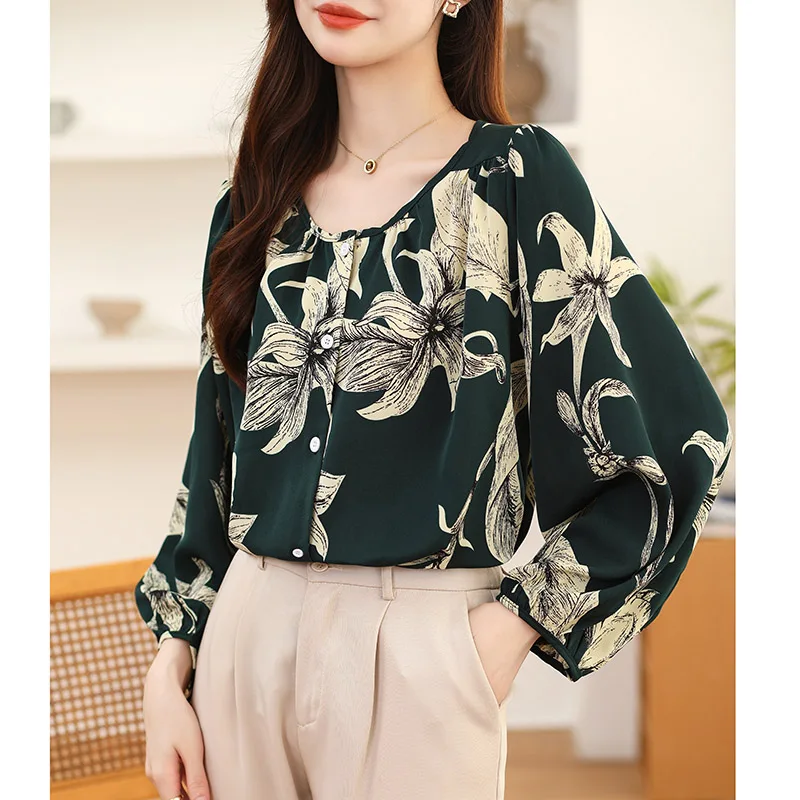 Women Korean Version O-neck Long Sleeve Chiffon Shirt Spring Summer Fashion Elegant Floral Print Blouses Casual Loose Button Top