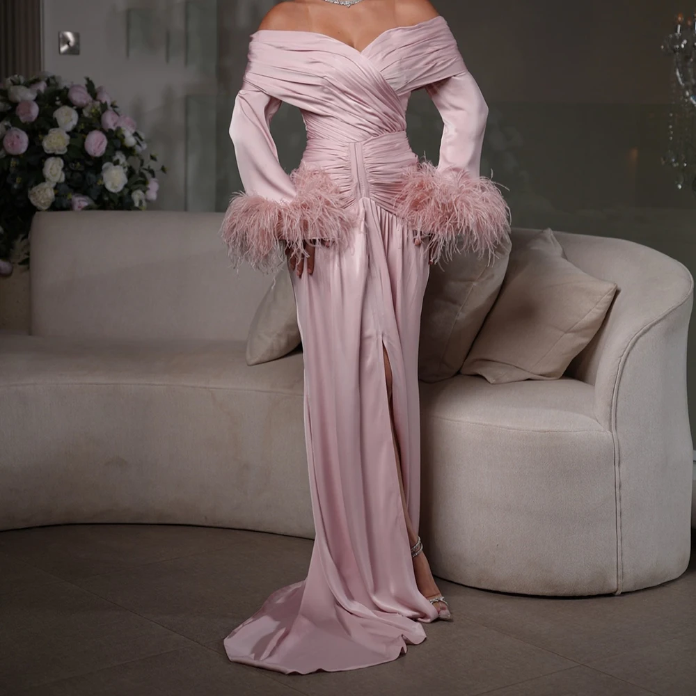 

Customized Mermaid Evening Dresses Floor-length Off The Shoulder Full Sleeve Prom Gown Fashion Pleat Feathers Draped Party Gown