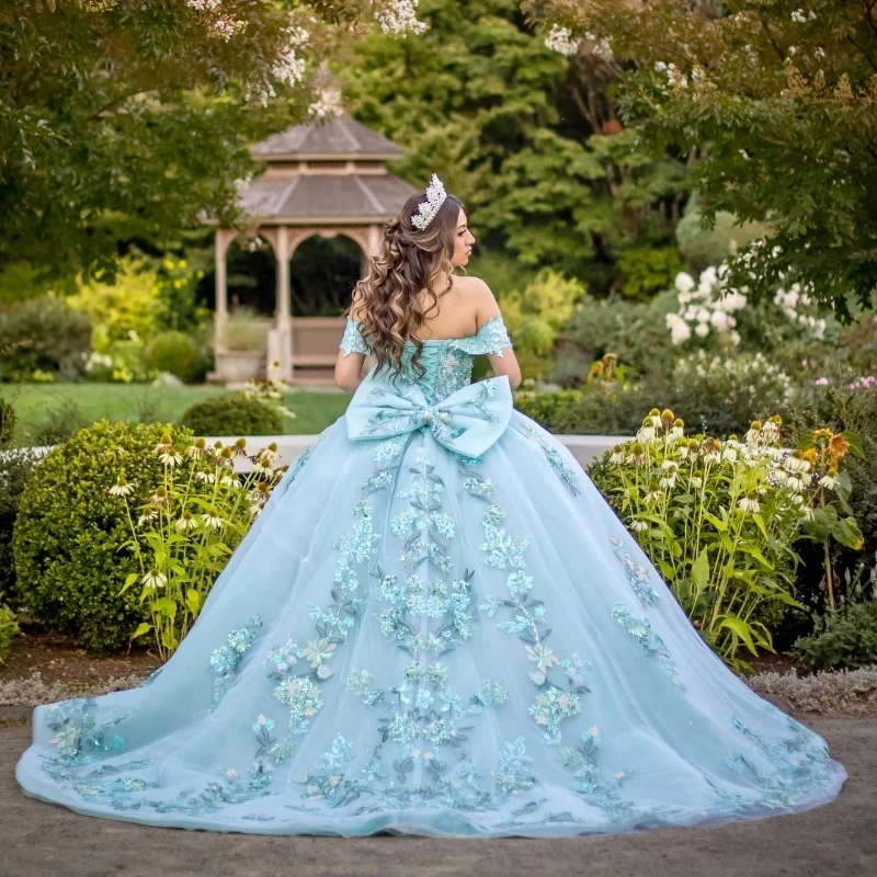 EVLAST Customized Blue Quinceanera Dress Lace Appliqued Beading Sweet 16 15 Dress Ball Gown Vestidos De 15 Quinceañera TQD042