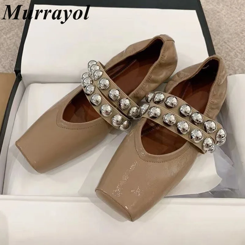 Square Toe Genuine Leather Ballet Shoes Women Circular Rivet Decor Flat Bottom Mary Jane Shoes  Summer Vacation Single Shoes