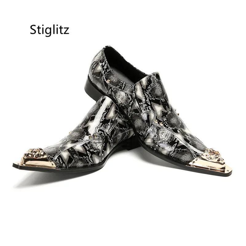 Metal Pointed Toe Prints Men's Business Shoes Snake Pattern Banquet Wedding Shoes Spring Autumn Slip On Genuine Leather Shoes