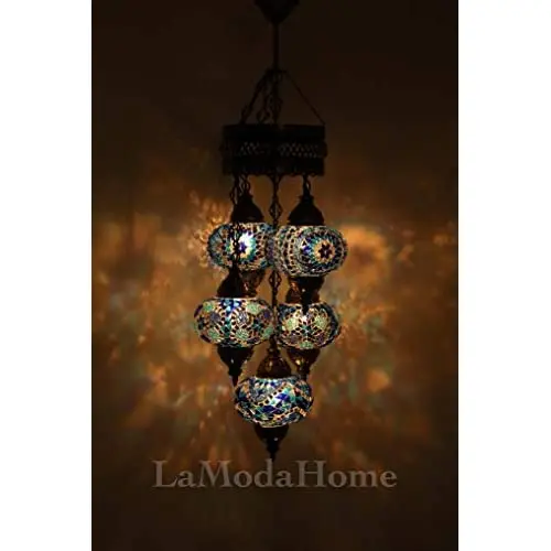 LaModaHome 40 + Unique Colors, 2020 Customizable Chandelier 5 Globes + Free 5 Bulbs, stunning Mosaic Turkish Lamp Moroccan Light