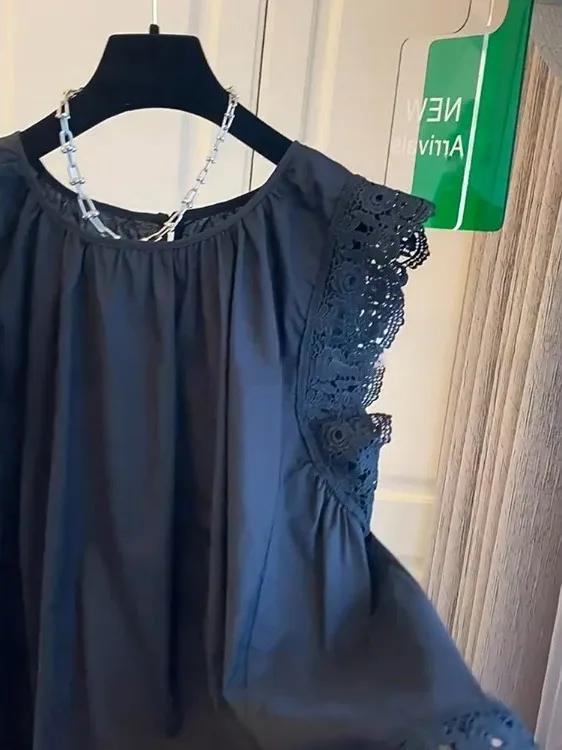 Auténtico adorno de encaje dulce empalme Svel irt Top informal suelto para mujer coreano Sle redondo Ne longitud Regular Primavera Verano
