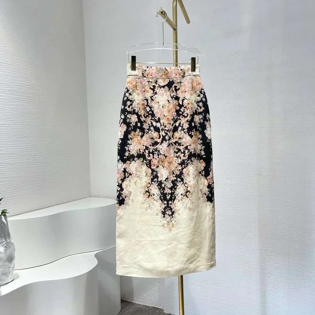 

2024 New Autumn Collection High Quality Beige Full Lantern Sleeve Ramie Blouse and Midi Linen Skirt Women Elegant Sets