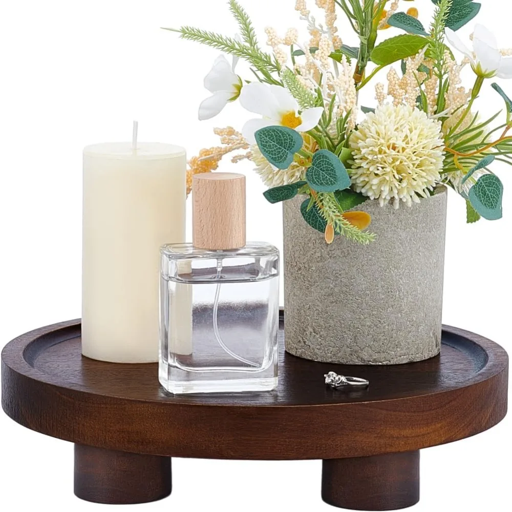 

9.5" Round Acacia Wood Tray Decor Rustic Pedestal Stand for Display Wooden Risers Stands for Kitchen Home Bedroom Decorative