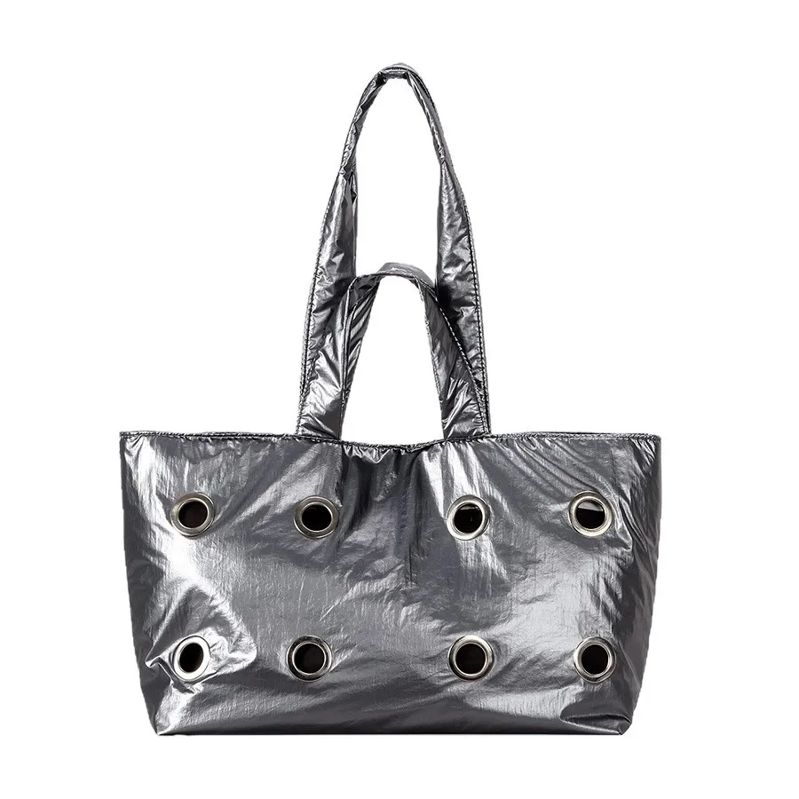 

Shiny surface Design women handbag Large capacity Personality Nylon rivet Bucket shoulder bag big ladies totes bolsa