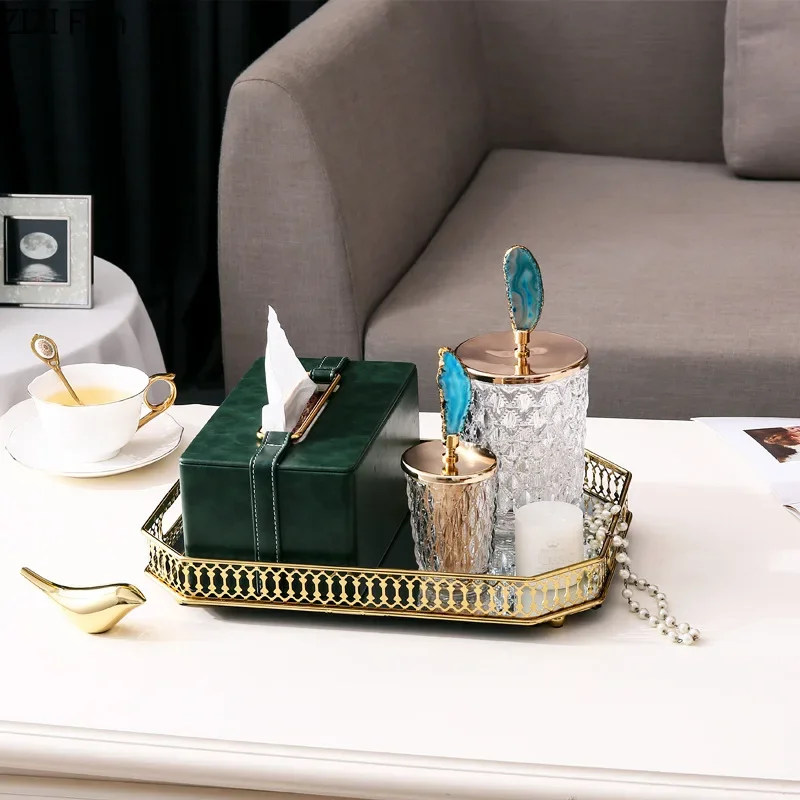 Leather tissue box Handmade Metallic green Paper box Tea table storage organization ornaments napkin holder Home Decoration