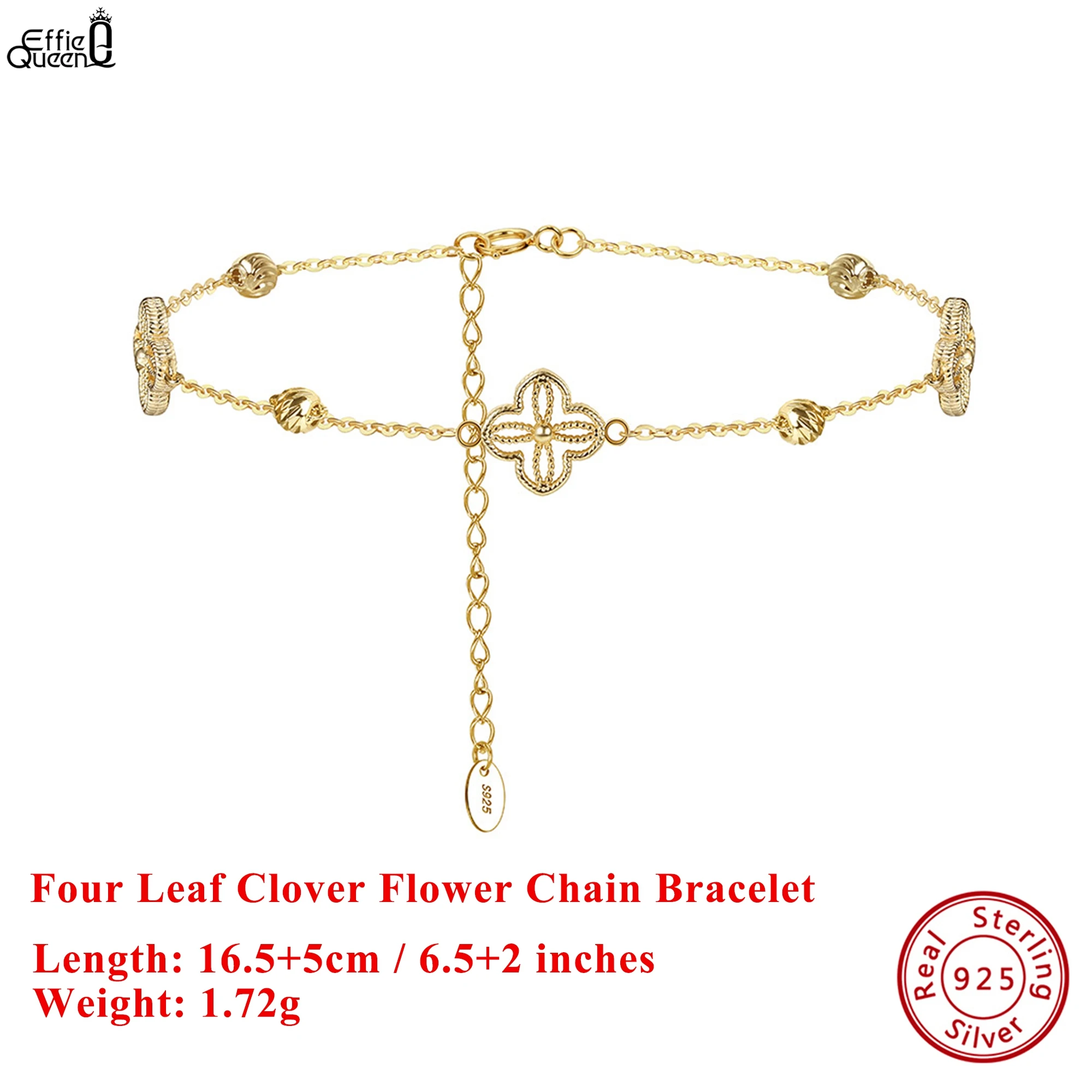 

EFFIE QUEEN S925 Silver 14k Gold Four Leaf Clover Chain Bracelet Lucky Symbol Ideal Jewelry Men, Women's Bracelet Gift APB10