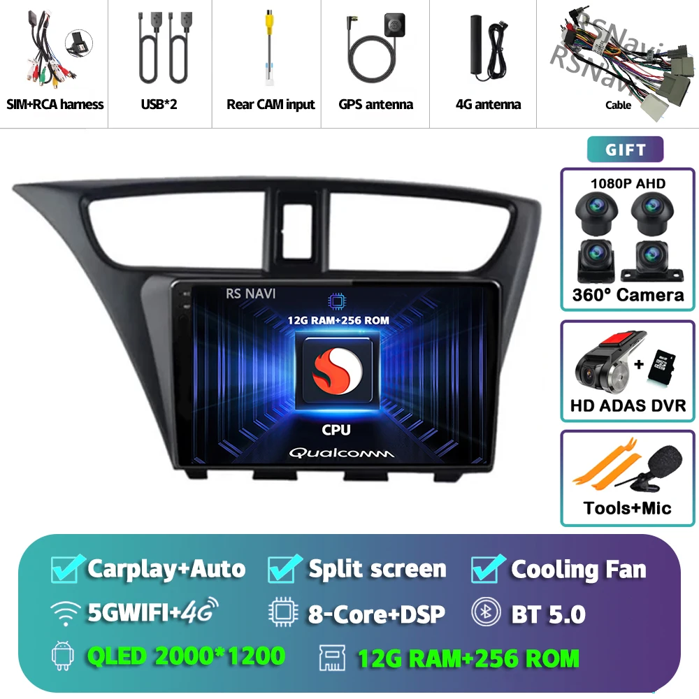 Android 15 Carplay Auto Voor Honda Civic Hatchback 2012 2013 2014 2015 2016 2017 Multimedia Autoradio Speler WIFI + 4G DSP Stereo