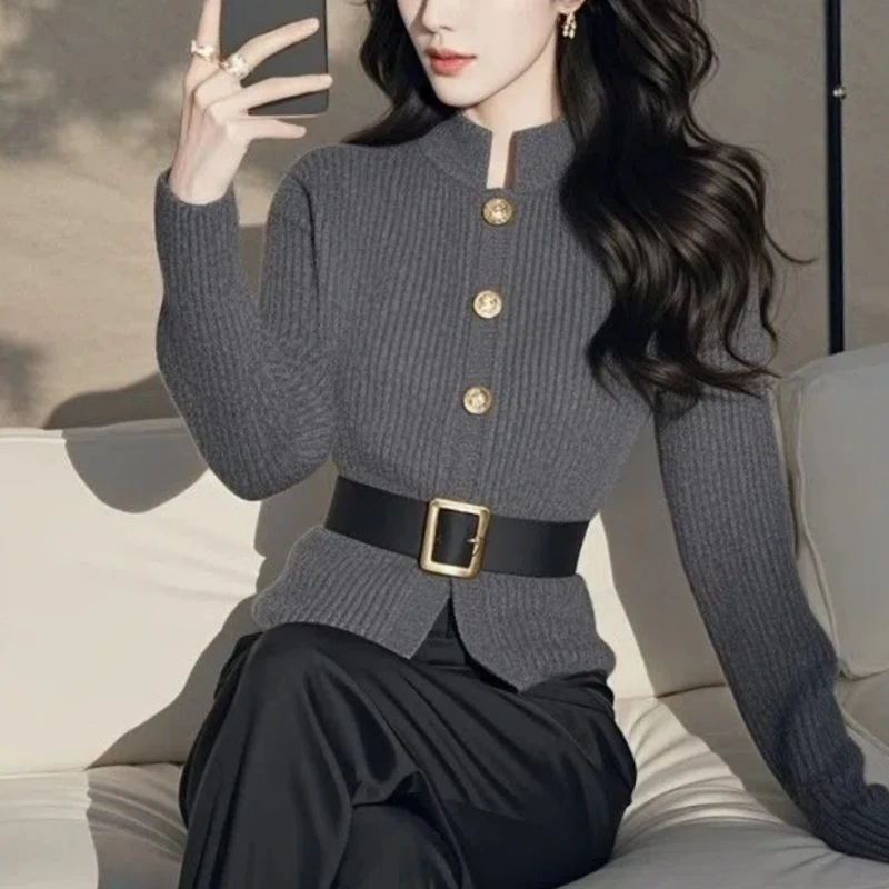 Spring Autumn Style Stand Up Collar Unique Chic Dark Gray Women\'s Clothing Knitted Sweater with High-end Small Fragrance Style