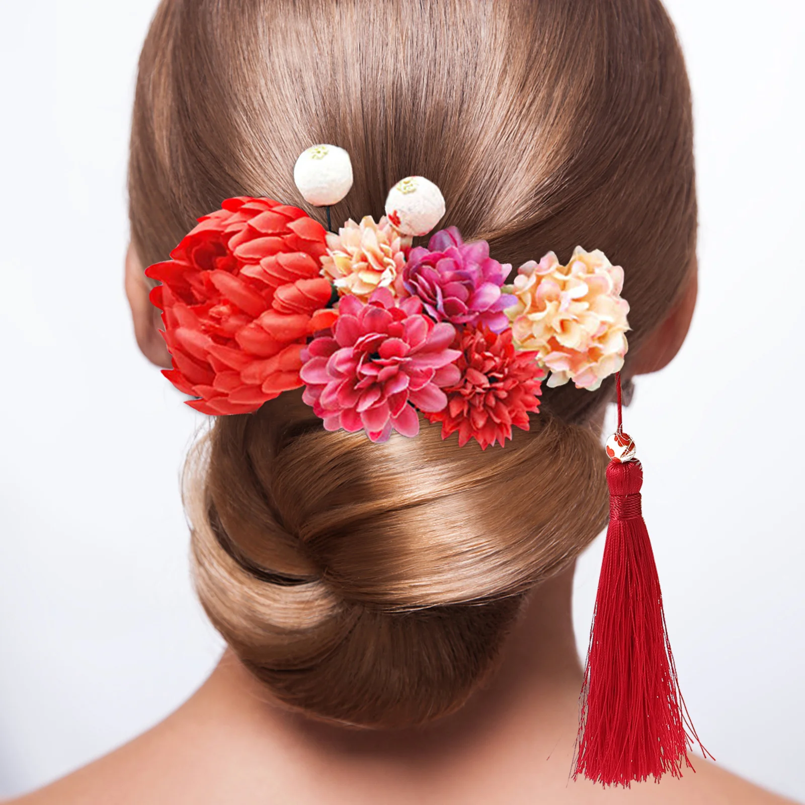 

9Pcs Cloth Flower Hair Stick Traditional Japanese Kimono Hairpin with Tassel Ornament for Women Festival Cosplay Accessory
