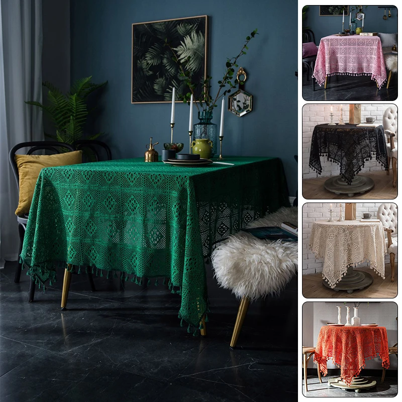 

Classical Lace Embroidered Crochet Tassel Tablecloth Wedding Party Home Table Cloth Dining Room Christmas Decor Table Cover