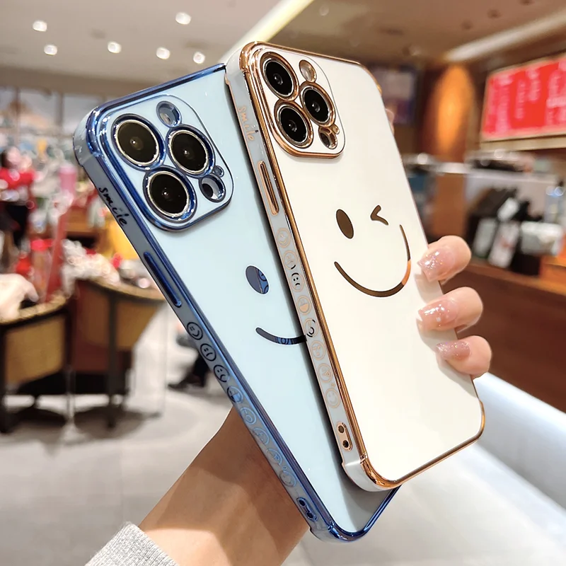 Plating Edge Cute smiley Wink 4 Corners Shockproof Protection Phone Case Cover for Iphone 11 12 13 15 14 Pro Max Plus Mini Case