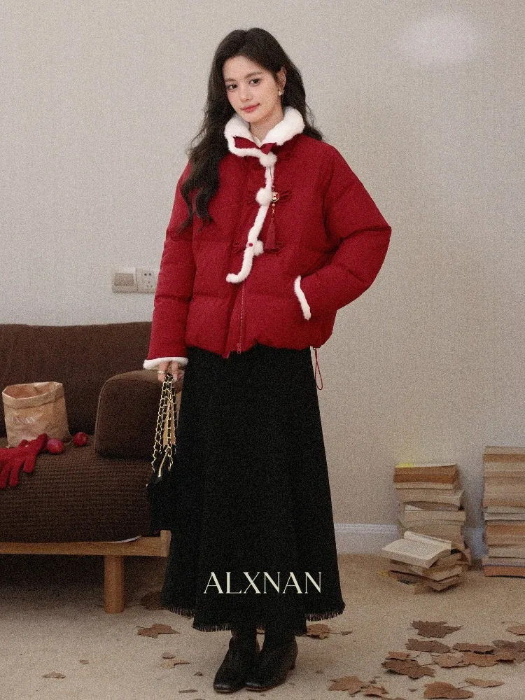 ALXNAN-Chaqueta de plumón de invierno para mujer, abrigo acolchado largo rojo, Parka con capucha de piel de pato blanca 90%, abrigo acolchado grueso cálido de lujo L59355