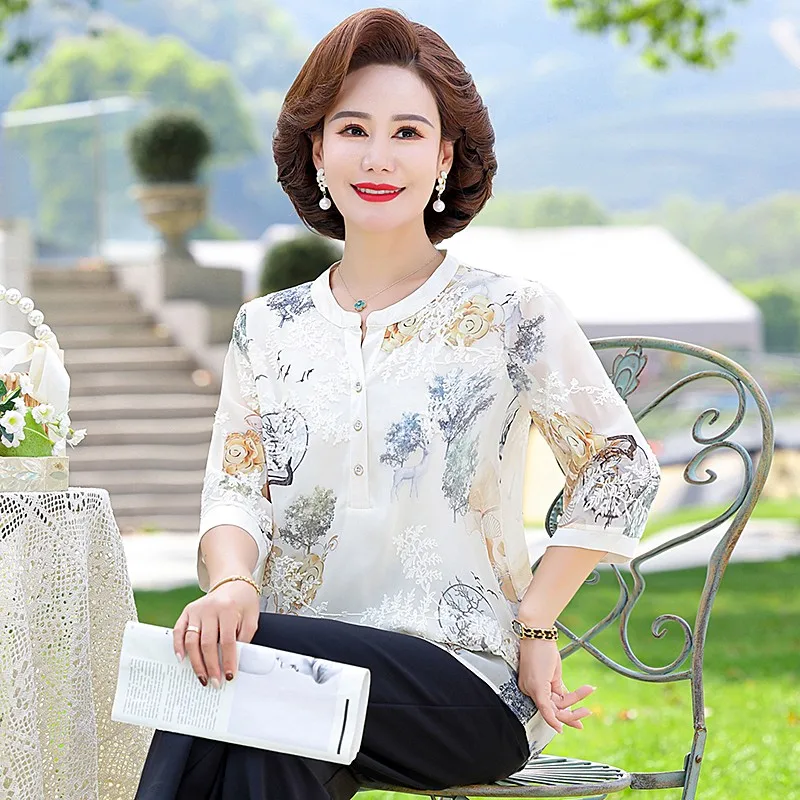 Elegant Fashion Printed embroidery Gauze Blouse Shirt Summer Half sleeve V-Neck Loose Pullover Tops Women Clothing
