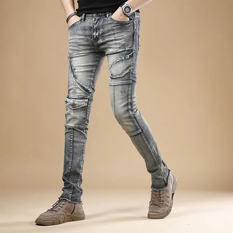 new summer motorcycle jeans men's tide brand Korean version of the slim small foot men's thin section all-match elastic pants