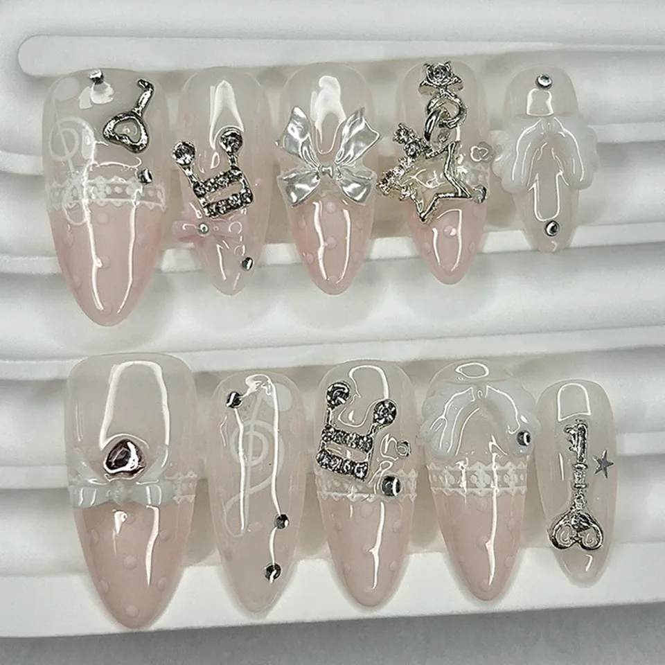 Uñas postizas almendradas con notas musicales, rosa retro, encaje, lunares, moño 3D, estrella, alas, diamantes, vintage 2