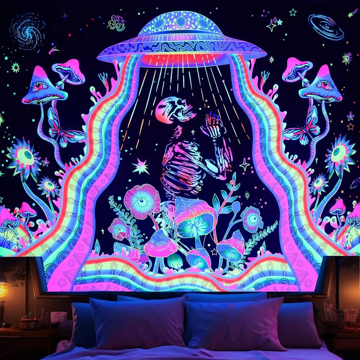 Blacklight Skull Tapestry For Bedroom, Glow In The Dark Mushroom Floral Wall Hanging, Black Light UFO Skeleton Tapestry - view 5