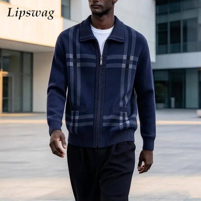 Streetwear Vintage Plaid Pattern Mens Knitted Cardigan Daily Outdoor 2026 Autumn Zipper Warm Tops For Male Business Casual