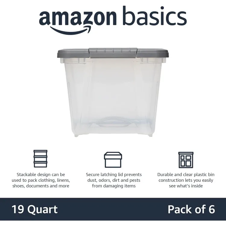 19 Quart Stackable Plastic Storage Bins with Latching Lids- Clear/ Grey- Pack of 6