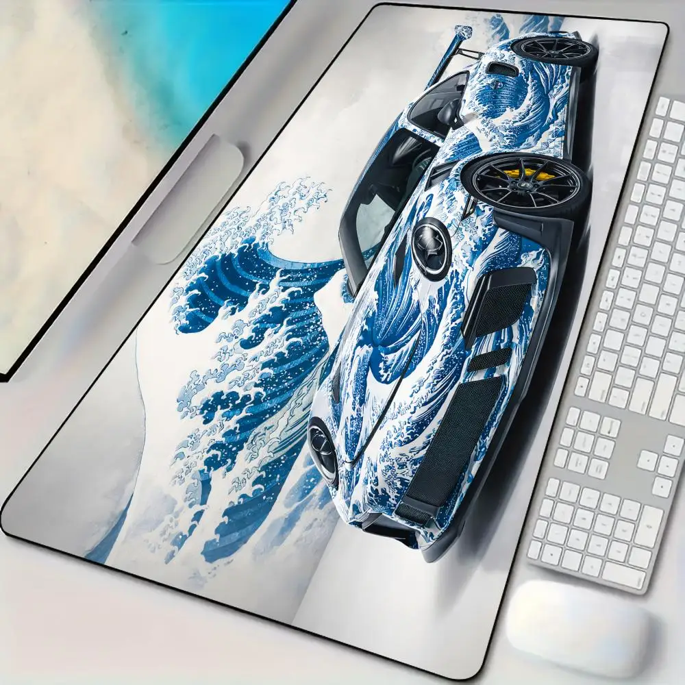

Большой коврик для мыши с дизайном «Спортивный автомобиль» в стиле укиё-э, нескользящий, с прошитыми краями, для офиса и игр