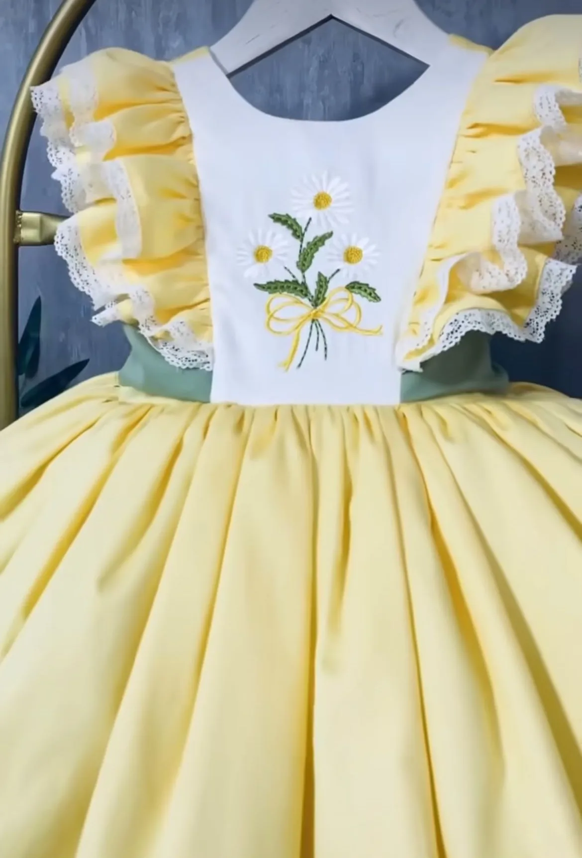 0-12Y Baby Girl Summer Yellow Daisy Embroidery Turkish Vintage Princess Yellow Dress for Birthday Holiday Easter Photography Eid