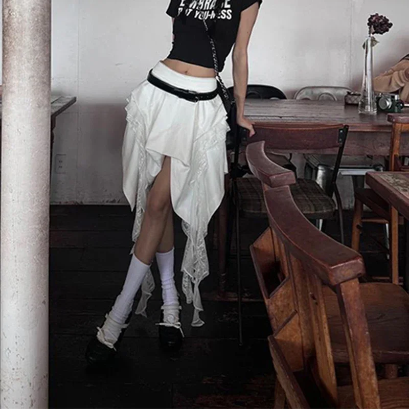 Y2K Asymmetrical Mini Skirt Women Harajuku Lace Patchwork White Skirts Summer Gothic Aesthetic Ruffles Design A Line Skirt New