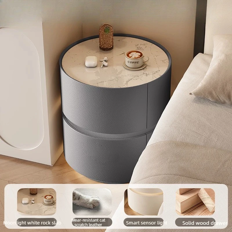 

Smart Round Nightstand Luxury Solid Wood Bedside Cabinet Modern Minimalist Storage Cabinet High-end Home Bedroom Furniture