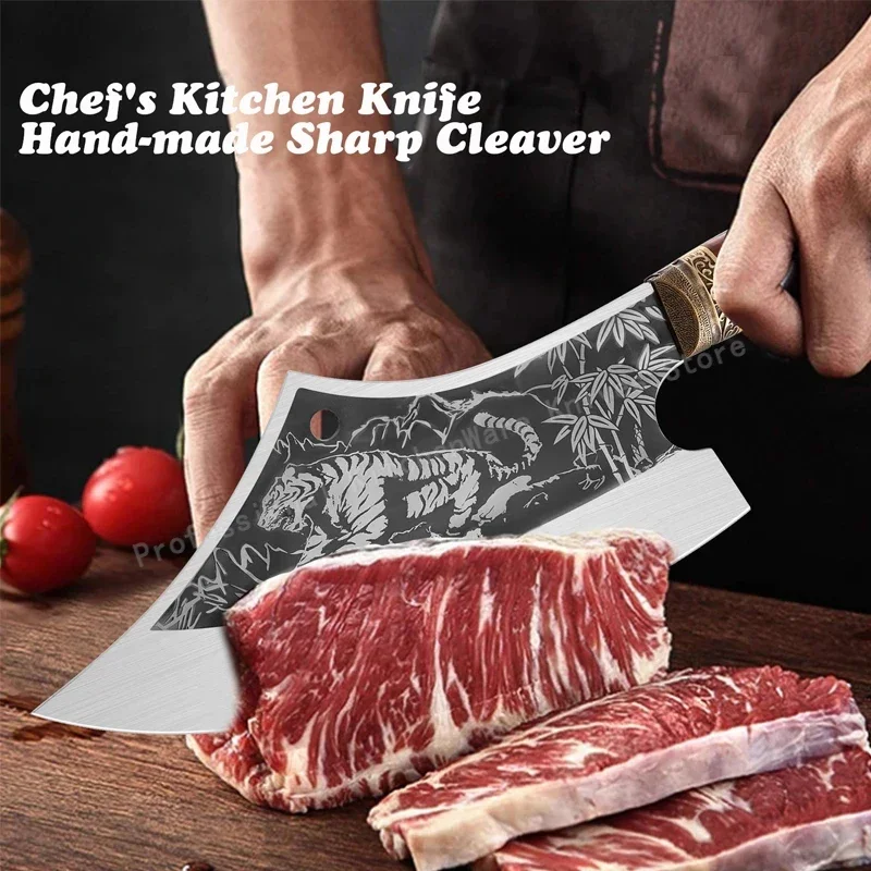 Hand-forged meat cleaver stainless steel tiger pattern butcher knife chopping knife kitchen cooking knife