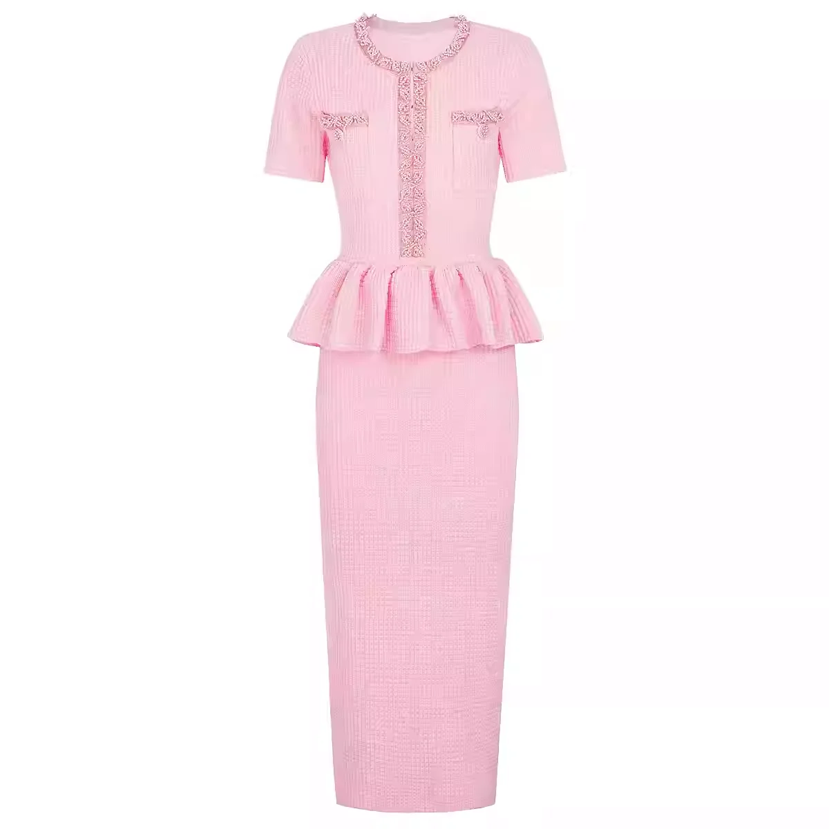 

【Gift Free】SP Sweet Elegant Beaded Knit Ruffle Slim Fit Pencil Short Sleeve Dress for Women