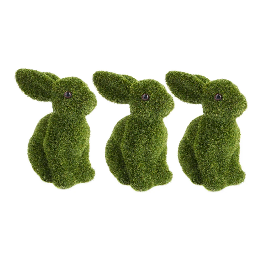 3 Pcs Artificial Grass Rabbit Ornament Animal Easter Furry Flocked Bunny Plastic Moss Statues