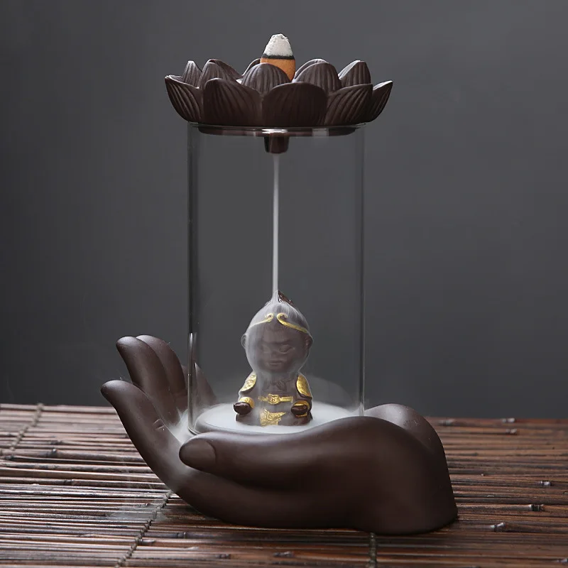 

Chinese Retro Acrylic Backflow Incense Burner, Zen Aromatherapy Ornament, Purple Clay Buddha Lotus Monkey King Desktop Decor