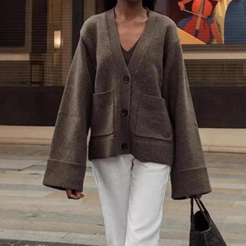 

Women's Cropped Cardigans V-neck Knitted Sweater Coat Long Sleeve with Pocket Casual Streetwear 2025 Autumn New Outwear Fashion