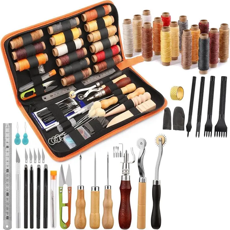 

For Leather For Leathercraft Working Tool Kit 66Pcs Includes Waxed Thread, Groover, Awl& Punch For Beginners& Adults
