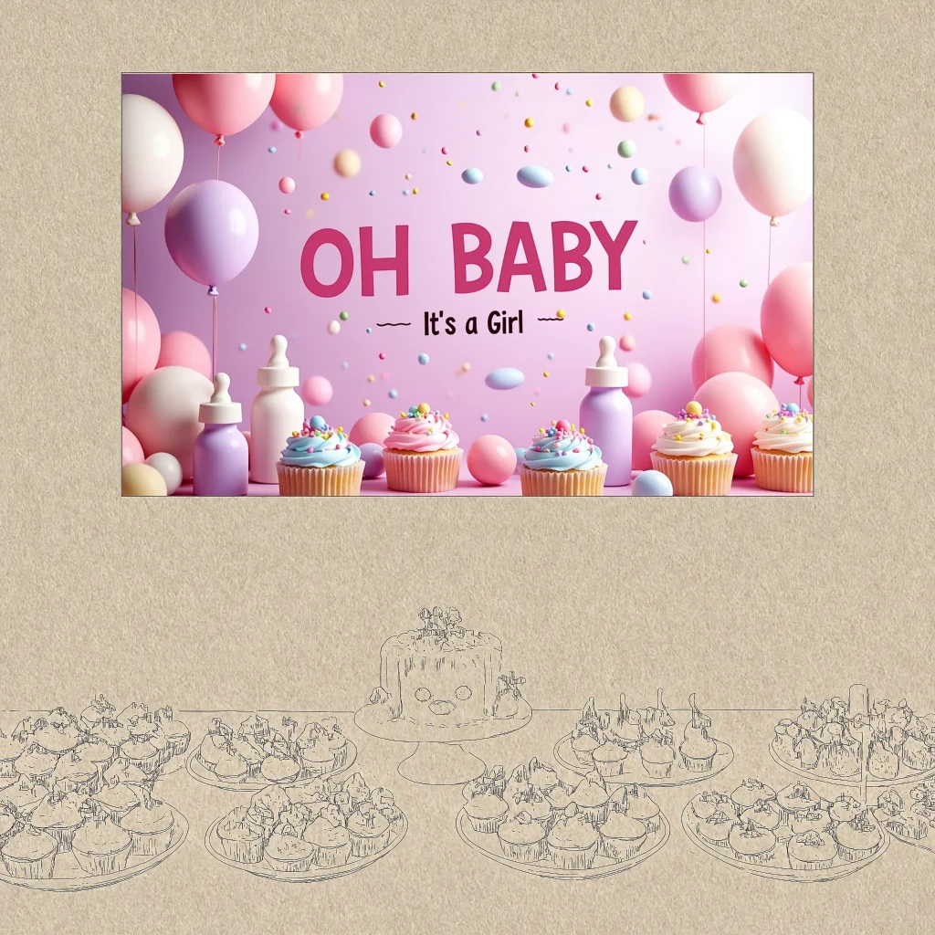 อาบน้ําเด็กสีชมพู Oh Baby It'S A Girl แบนเนอร์การถ่ายภาพพื้นหลังเค้ก Smash Party Supplies เพศเปิดเผยฉลอง Decor