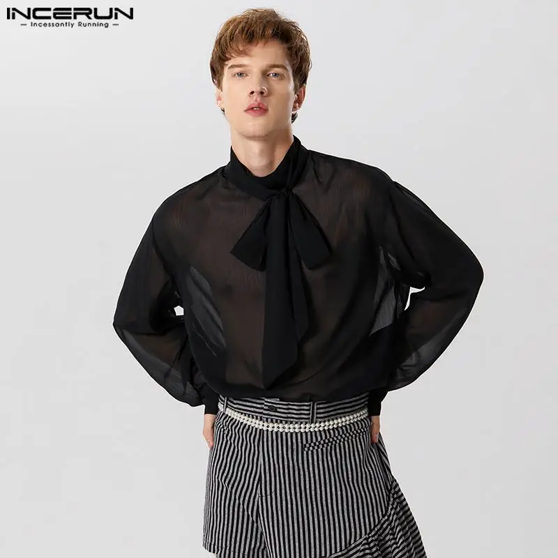 2023 Men Shirt Stand Collar Long Sleeve Solid Color Lace Up Men Clothing Streetwear See Through Fashion Camisas S-5XL INCERUN