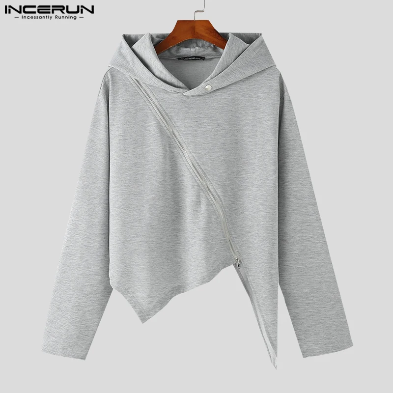 Men Irregular Hoodies Solid Color Zipper Hooded Long Sleeve Sweatshirts 2024 Streetwear Fashion Casual Male Pullovers INCERUN