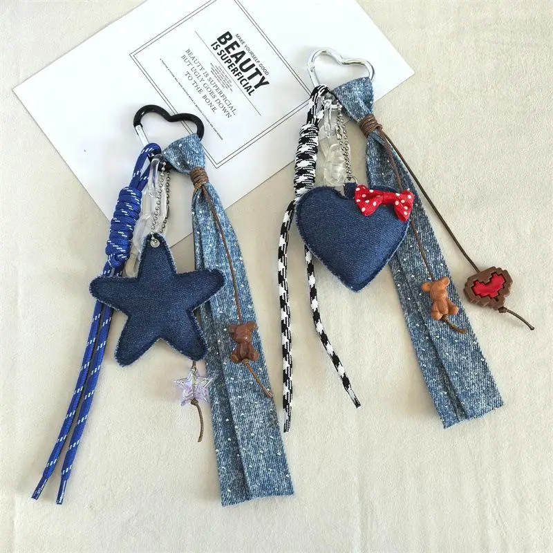 Creative Denim Style Heart-shaped Five-pointed Star Woven Lanyard Keychain Pendant Trendy And Cool InS-style Bag Pendant